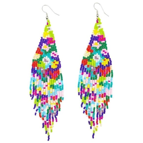Flower Bohemian Seed Bead Tassel Dangling Statement French Wire Hook Earrings - Picture 1 of 6